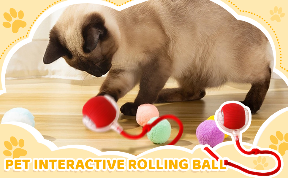Spielen mit bunten Rollkugeln. Die interaktiven Haustierspielzeuge haben verschwommene Texturen und sind durch rote Schnüre verbunden. Pfotenabdrücke schmücken den Hintergrund.