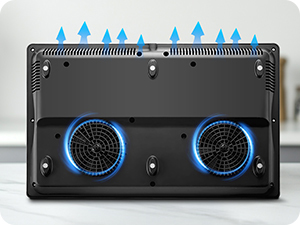 Vue arrière d'un appareil électronique noir doté de deux ventilateurs de refroidissement circulaires éclairés en bleu et de multiples flèches bleues indiquant le flux d'air le long du bord supérieur