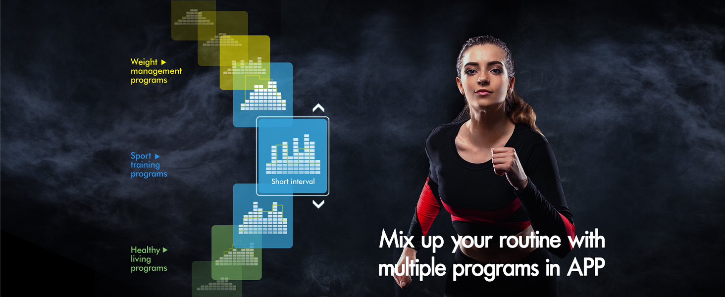 Fitness tracking app interface displaying multiple workout program options with colorful bar graphs and icons against a dark background.