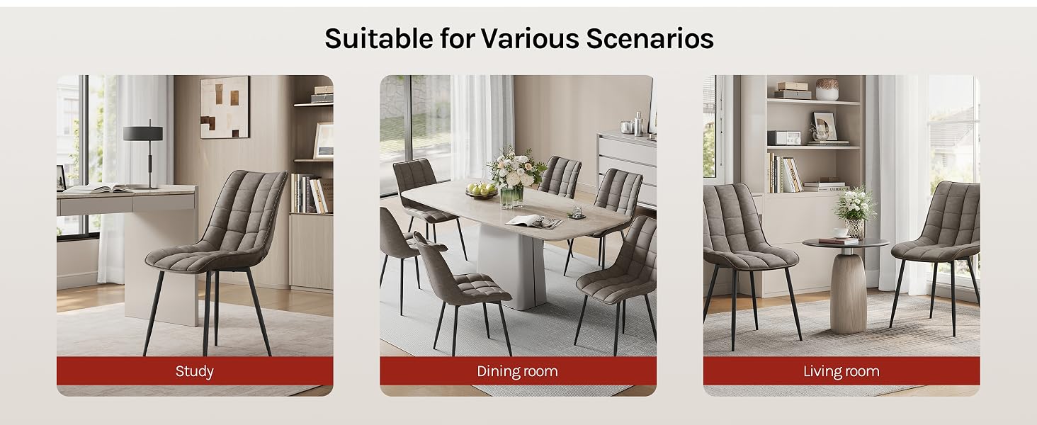 Text reads 'Suitable for Various Scenarios'. Collage showing modern dining chairs in different room settings with gray upholstery and metal legs.