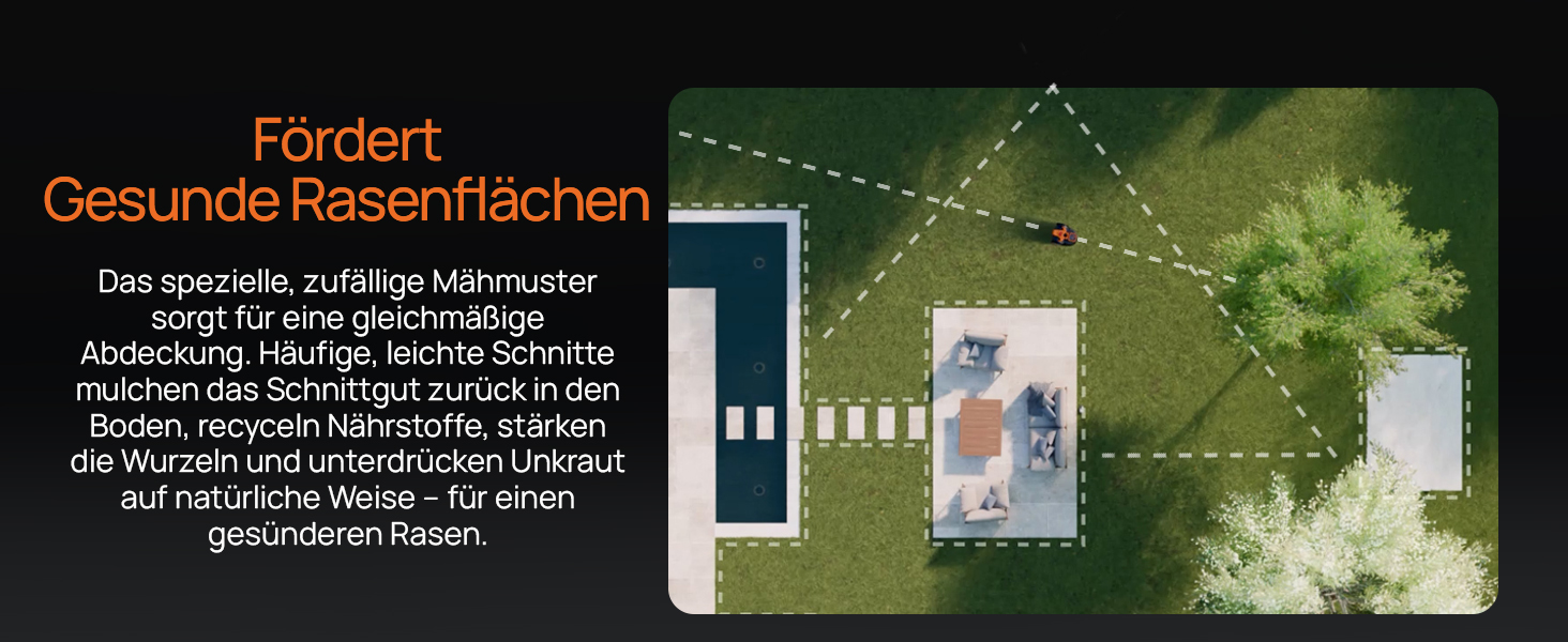 Le texte se lit comme suit : « Fördert Gesunde Rasenflächen ». Interface numérique montrant l'analyse de l'entretien des pelouses avec fond vert et éléments graphiques.