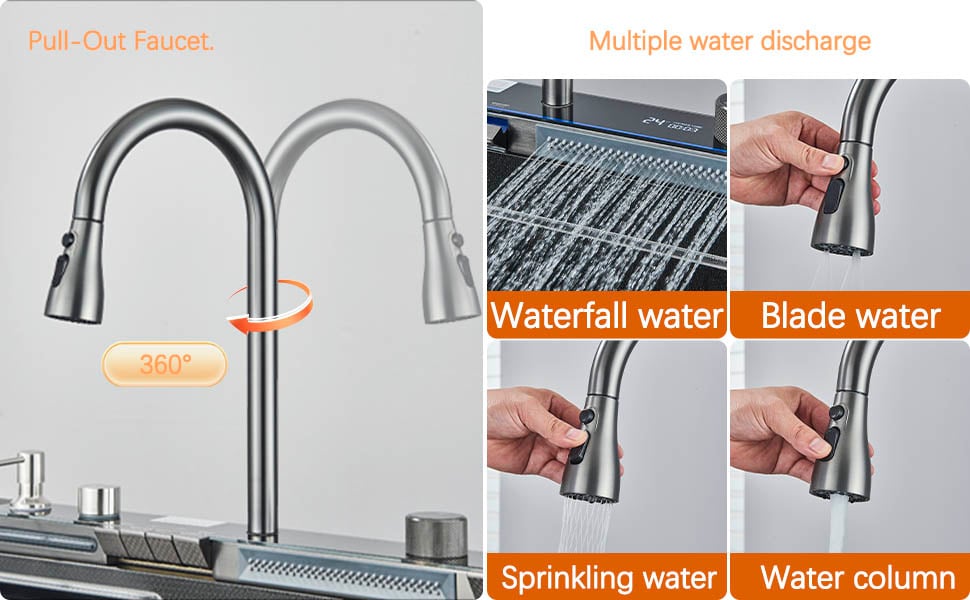Single Bowl Kitchen Sink Waterfall Single Sink Filtered Water Faucet Workstation Kitchen Sink