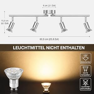 Technisches Diagramm, das das an der Decke montierte Schienenbeleuchtungssystem zeigt. Der Text lautet „8 cm (3,1 x 6 cm)“ und „60,5 cm (23,8 x 2 cm)“. Vier verstellbare Scheinwerferbefestigungen auf einer horizontalen Schiene mit Montagespezifikationen und Maßangaben.