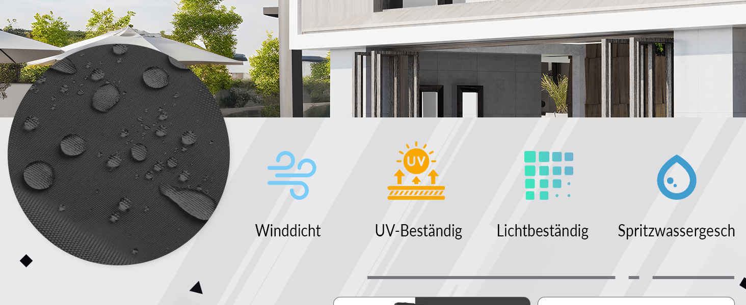 Nahaufnahme eines dunklen Stoffes mit Wassertröpfchen, der wasserabweisende Eigenschaften aufweist. Die folgenden Symbole weisen auf Eigenschaften wie Windbeständigkeit, UV-Schutz, Lichtbeständigkeit und Wasserabweisung