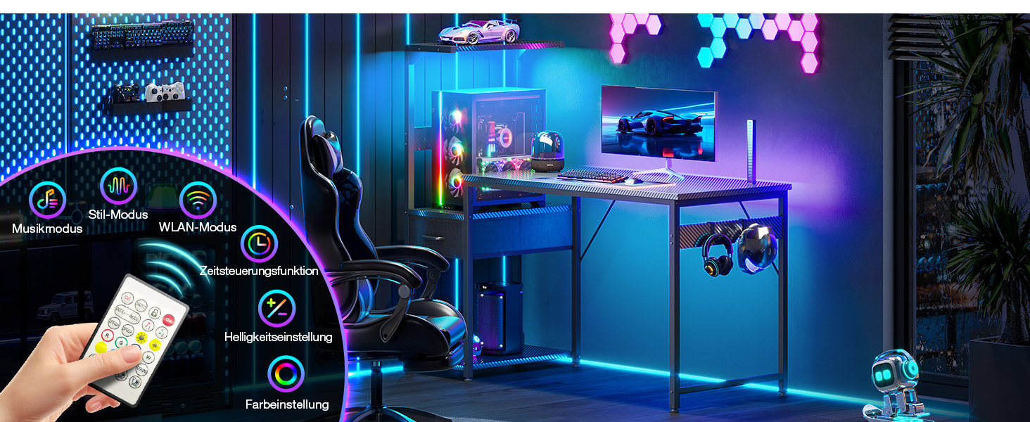 Gaming- oder Streaming-Setup mit mehreren Monitoren, auf denen blaue LED-Lichteffekte und spielbezogene Inhalte in einer dunklen Raumumgebung angezeigt werden.