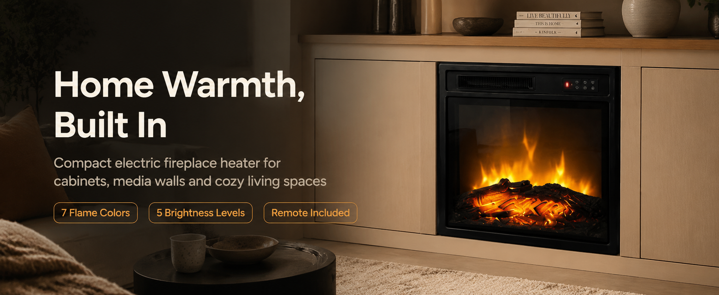 Text reads 'Home Warmth, Built In'. Electric fireplace insert in warm wood mantel with glowing flame effect displayed indoors.