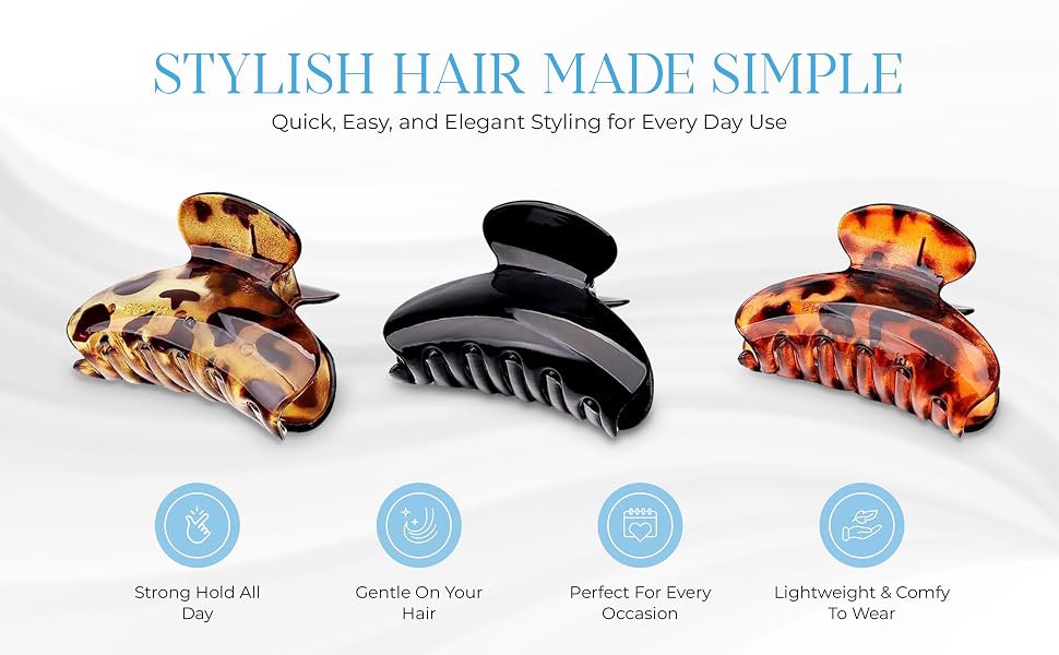 Text reads 'STYLISH HAIR MADE SIMPLE.' Display of various decorative hair clips and claws in tortoiseshell and different patterns arranged in a row.