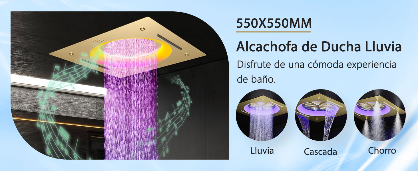 El texto dice «550X550MM» y «Alcachofa de Ducha Lluvia». Alcachofa de ducha LED con tres modos etiquetados como «Lluvia», «Cascada» y «Chorro», que muestra coloridos efectos de iluminación de color rosa púrpura.