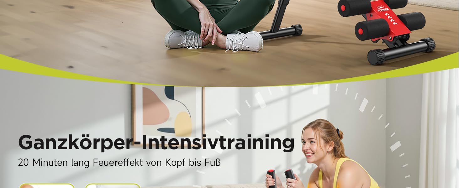 Der Text lautet „Ganzkörper-Intensivtraining“. Menschen, die im Freien mit an festen Punkten befestigten Widerstandsbändern trainieren und Ganzkörpertraining durchführen.