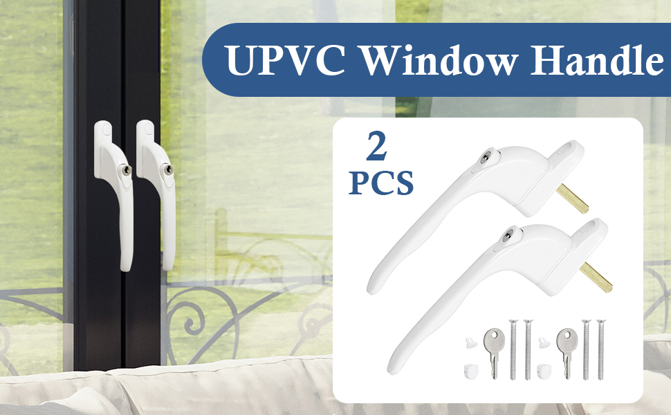 Two white UPVC window handles with mounting hardware shown in product packaging and installed on a dark window frame.