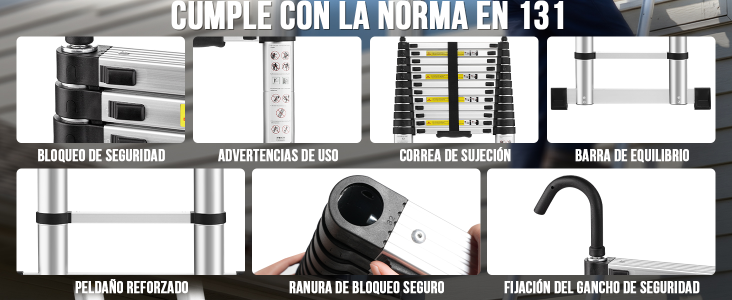 El texto dice «CUMPLE CON LA NORMA EN 131». Diagrama técnico que muestra múltiples vistas y medidas de lo que parecen ser las especificaciones de una escalera.
