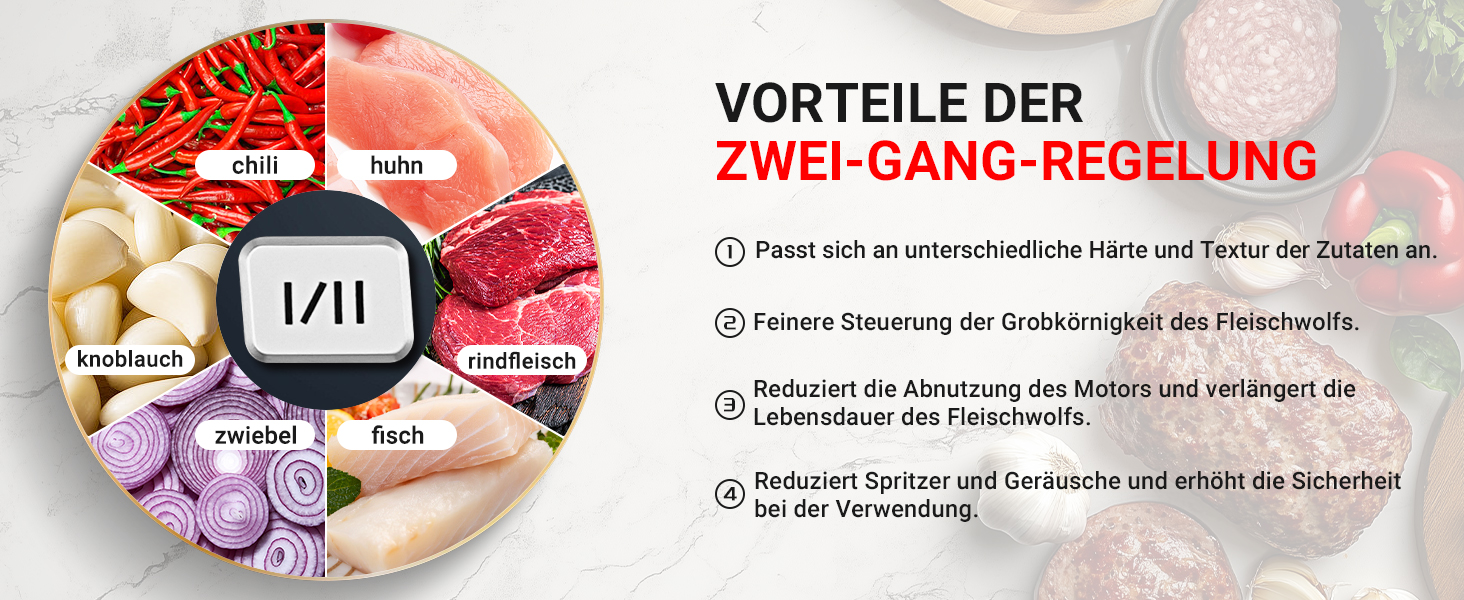 Kreisdiagramm mit Lebensmittelkategorien mit deutschem Text, der die Vorteile eines Geräts mit zweistufiger Regulierung erklärt