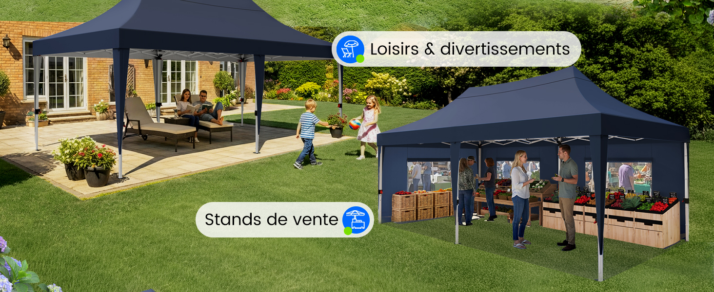 Le texte indique « Loisirs &amp; divertissements » et « stands de vente ». Grande tente ou pavillon d'événement extérieur bleu installé sur l'herbe avec des arbres en arrière-plan.