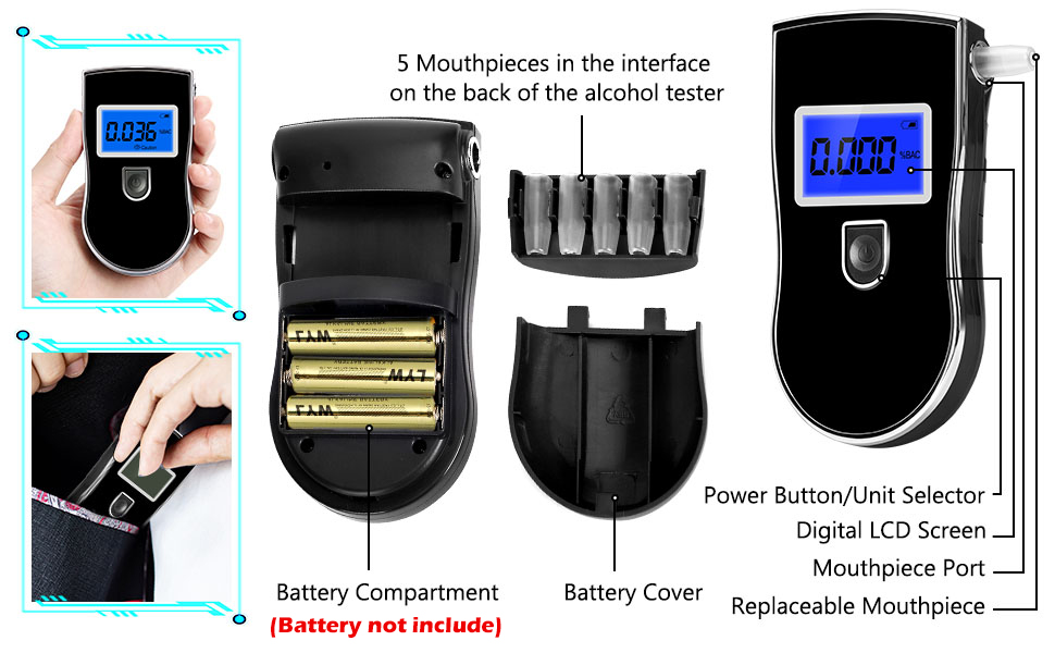 Technical diagram of digital device components showing LCD screen, battery compartment, power button, battery cover, and microphone locations with labeled arrows.