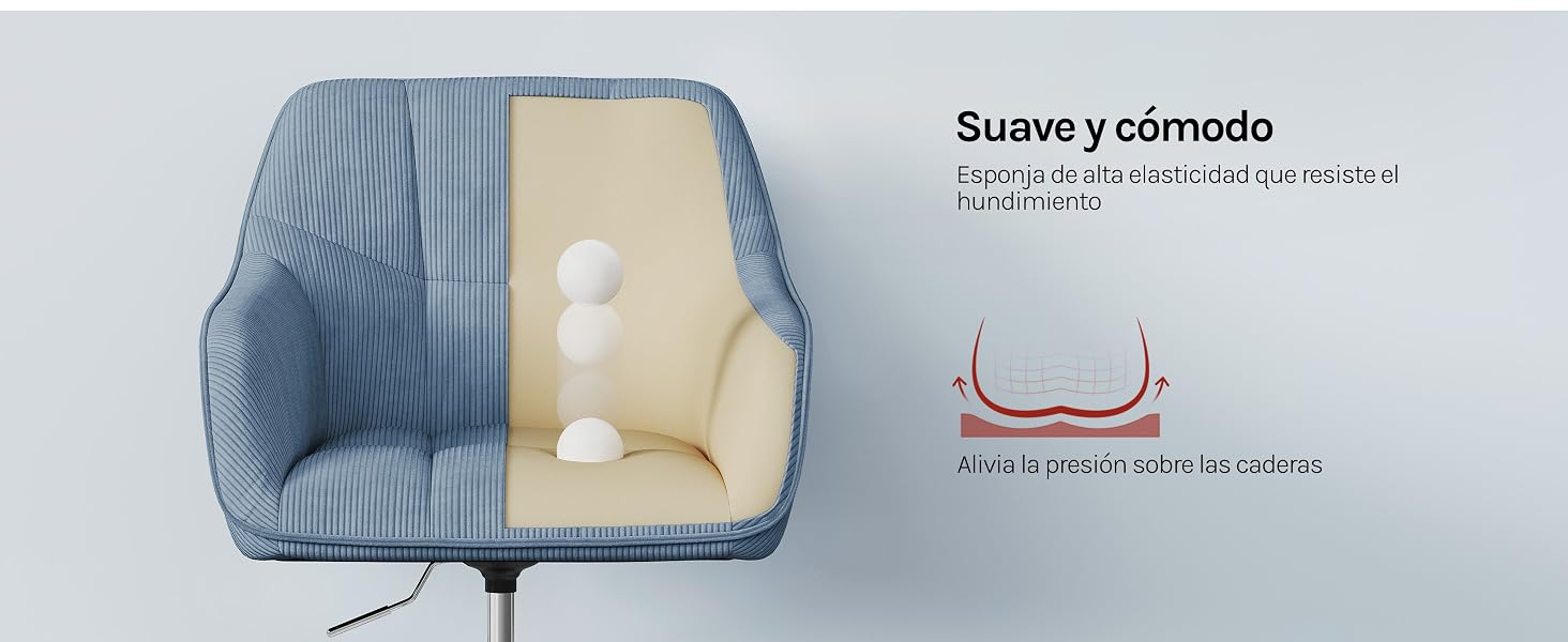 El texto dice «Suave y cómodo» con subtítulos adicionales en español. Cama acolchada azul para mascotas con cojín interior de color crema, con una construcción acolchada suave y laterales curvos para mayor comodidad.