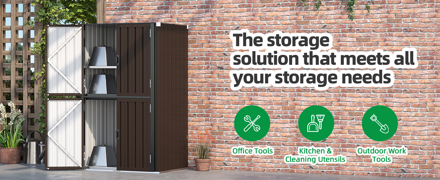 Outdoor storage cabinet with white and brown panels against brick wall.