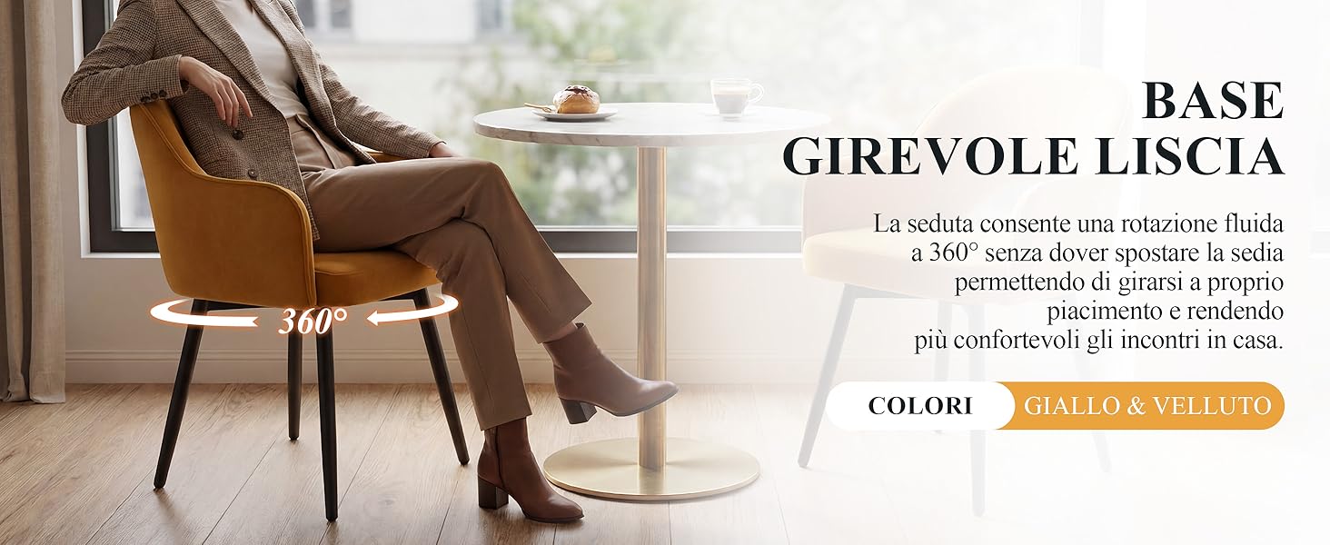 Il testo recita «BASE GIREVOLE LISCIA» e «COLORE». Poltrona moderna imbottita marrone con base girevole in soggiorno con tavolino e tazza a vista.
