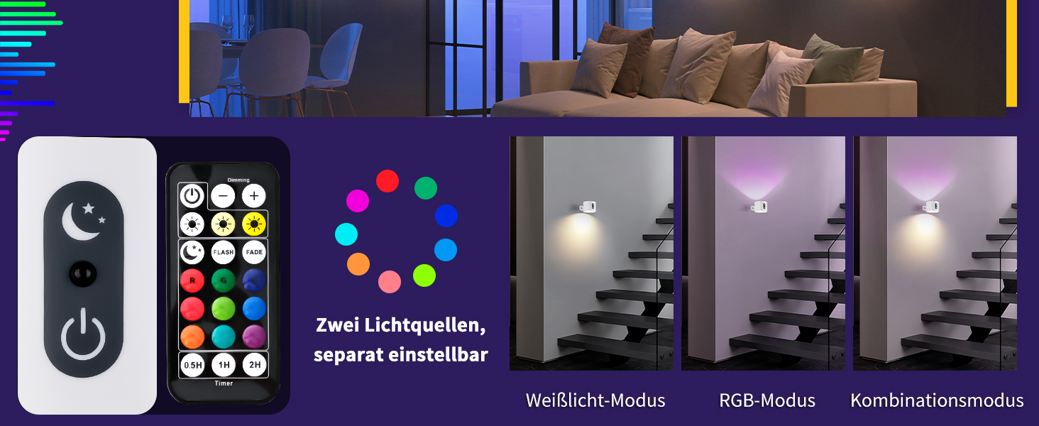 Reihe von dunklen Benutzeroberflächenbildschirmen mit verschiedenen Menü-Layouts und Farbschemata. Enthält kreisförmige Farbräder und Navigationssymbole in Weiß-, Lila- und Blautönen.