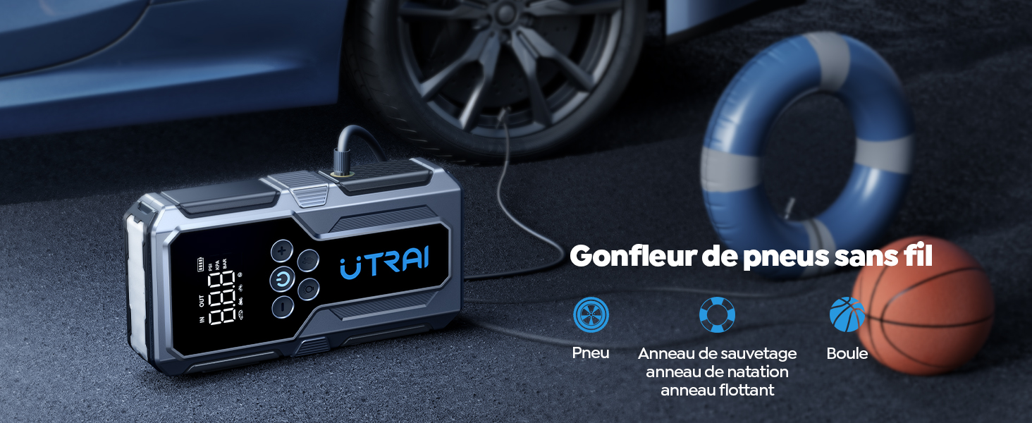 avec affichage numérique, illustré à côté d'une roue de voiture, d'un gilet de sauvetage bleu et d'un ballon de basket. Comprend une pression préréglée, un arrêt automatique et une lumière LED.