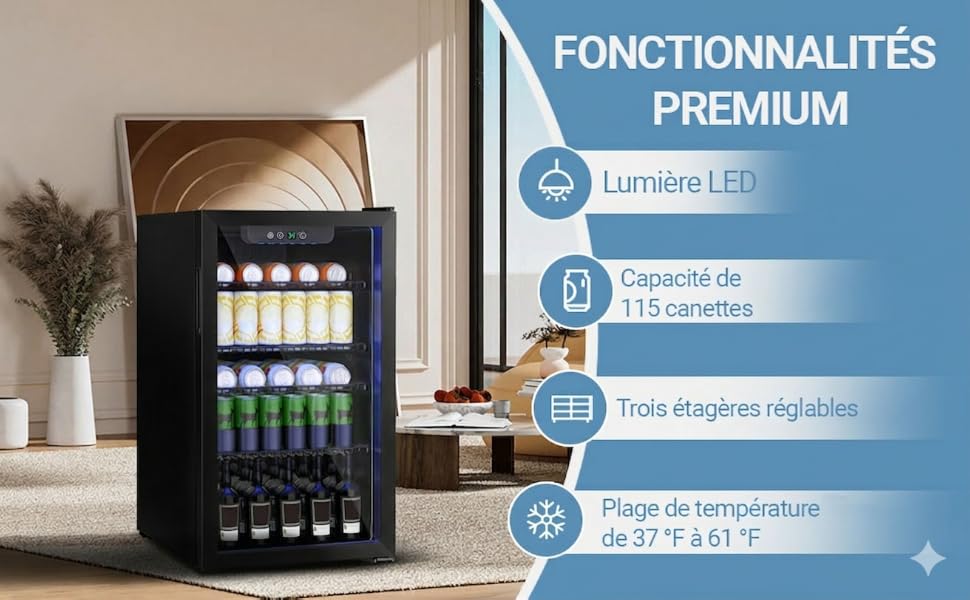 Le texte se lit comme suit : « FONCTIONNALITÉS PREMIUM : Lumière LED, Capacité de +15 bouteilles, Trois étagères réglables, Plage de température de 5°C à 18°C ». Refroidisseur de boissons avec porte vitrée affichant des bouteilles illuminées sur plusieurs étagères.