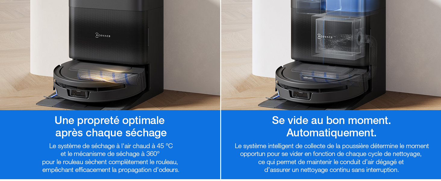 Le texte se lit comme suit : « Une propreté optimale après chaque cuve » et « Se vide au bon moment ». Automatisation ». Deux vues d'un lave-vaisselle automatique noir montrant l'intérieur et les compartiments de chargement.