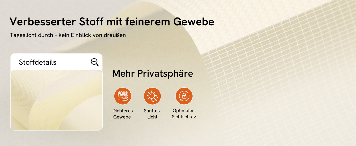 Der Text lautet 'Verbesserter Stoff mit feinerem Gewebe', 'Technologie davon: kein Ewellens oder schießen', 'Softbackground', 'Mehr Privatsphäre'. Gelber Hintergrund mit Farbverlauf und einem Diagramm zur Beleuchtungseinrichtung mit mehreren Optionen zur Lichtpositionierung.