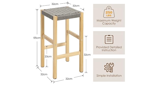 Montageschema eines Holzmöbelstücks mit den Abmessungen: 51 cm Höhe, 30 cm Breite, 29 cm Tiefe. Die Symbole stehen für ein leichtes Design und einen einfachen Installationsvorgang.