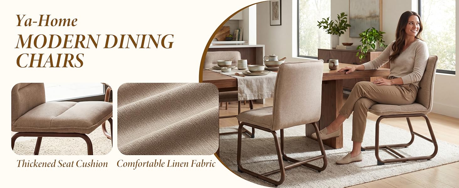 Text reads 'Ya-Home MODERN DINING CHAIRS'. Product image shows upholstered suede dining chairs with comfortable linen fabric in beige/brown tones with curved backs and metal frame bases.