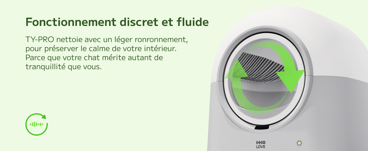 Le texte indique « Fonctionnement discret et fluide » et « TY-PRO nettoje avec un léger ronronnement, pour préserver le calme de votre intérieur ». Appareil cylindrique gris avec élément de design circulaire vert et boutons de commande visibles.