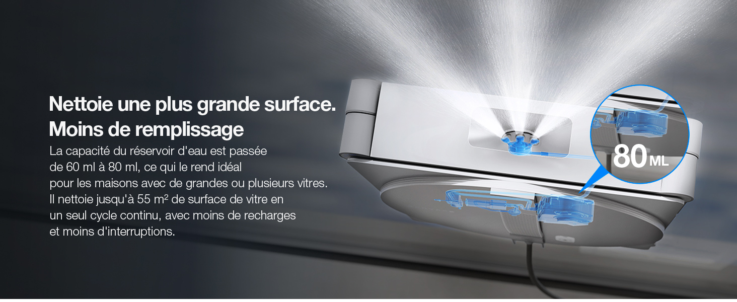 Le texte se lit comme suit : « Nettole une plus grande surface » et « Moins de remplissage » avec une illustration technique bleue montrant un marqueur d'angle de 80°.