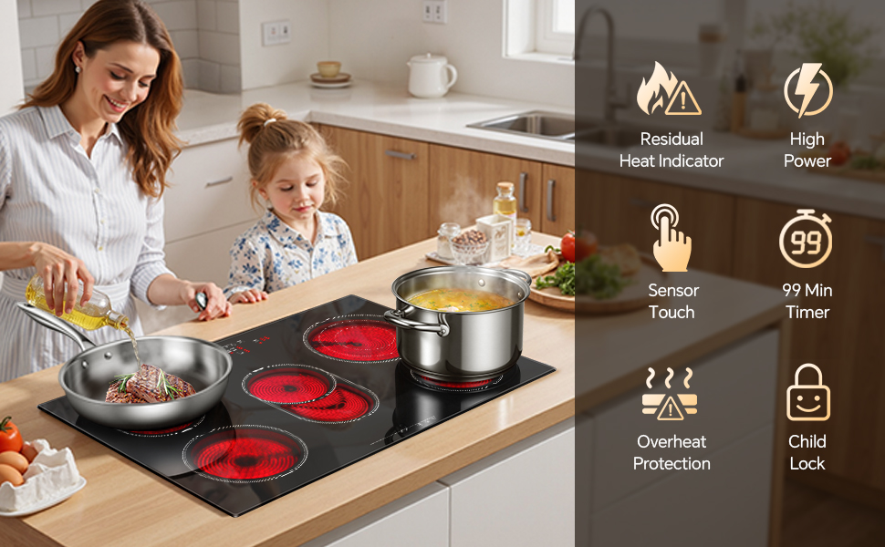 Image divisée montrant une scène de cuisson avec une table de cuisson à induction et diverses icônes illustrant les caractéristiques de cuisson : indicateur de chaleur, minuterie, verrouillage enfant et fonctions de cuisson.