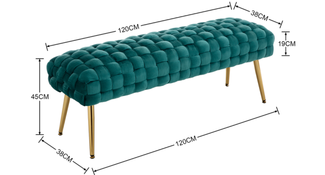 Teal tufted bench with gold metal legs. Features deep button tufting on seat. Dimensions: 120cm length, 38cm width, 45cm height, with 19cm thick cushion.