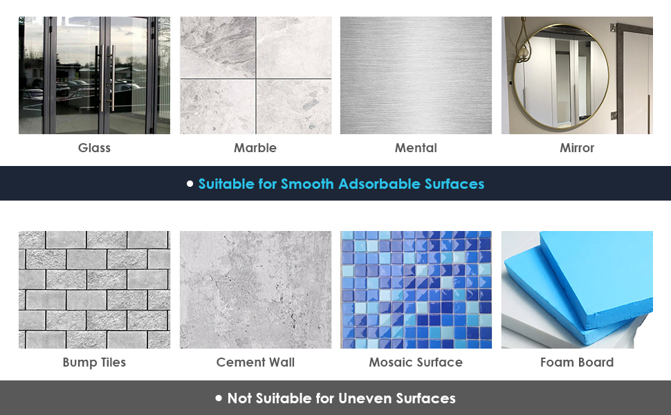 Text reads: 'Glass, Marble, Mirror' and 'Bump Tiles, Cement Wall, Mosaic Surface, Foam Board' with 'Not Suitable for Uneven Surfaces'. Grid showing different surface applications.