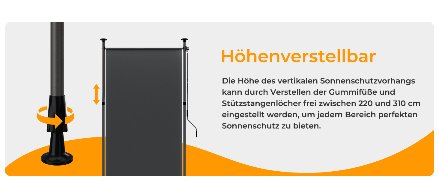Der Text lautet „Höhenverstellbar“. Die Infografik zeigt die höhenverstellbare Funktion eines Standsystems mit schwarzem Hintergrund und orangefarbenen Akzentgrafiken.