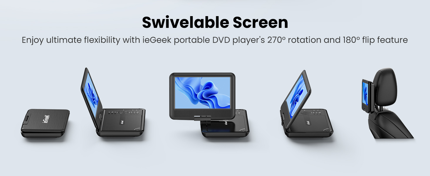 Portable DVD player with swiveling screen demonstrated in various positions, including car headrest mounting. Text mentions 270° rotation and 180° flip feature.