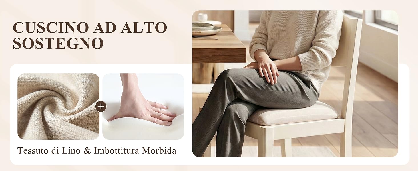 Il testo recita «CUSCINO AD ALTO SOSTEGNO» e «Tessuto di Lino &amp; Imbottitura Morbida». Cuscino beige adatto a molteplici ambienti di stile di vita, con applicazioni in fatto di texture e comfort.