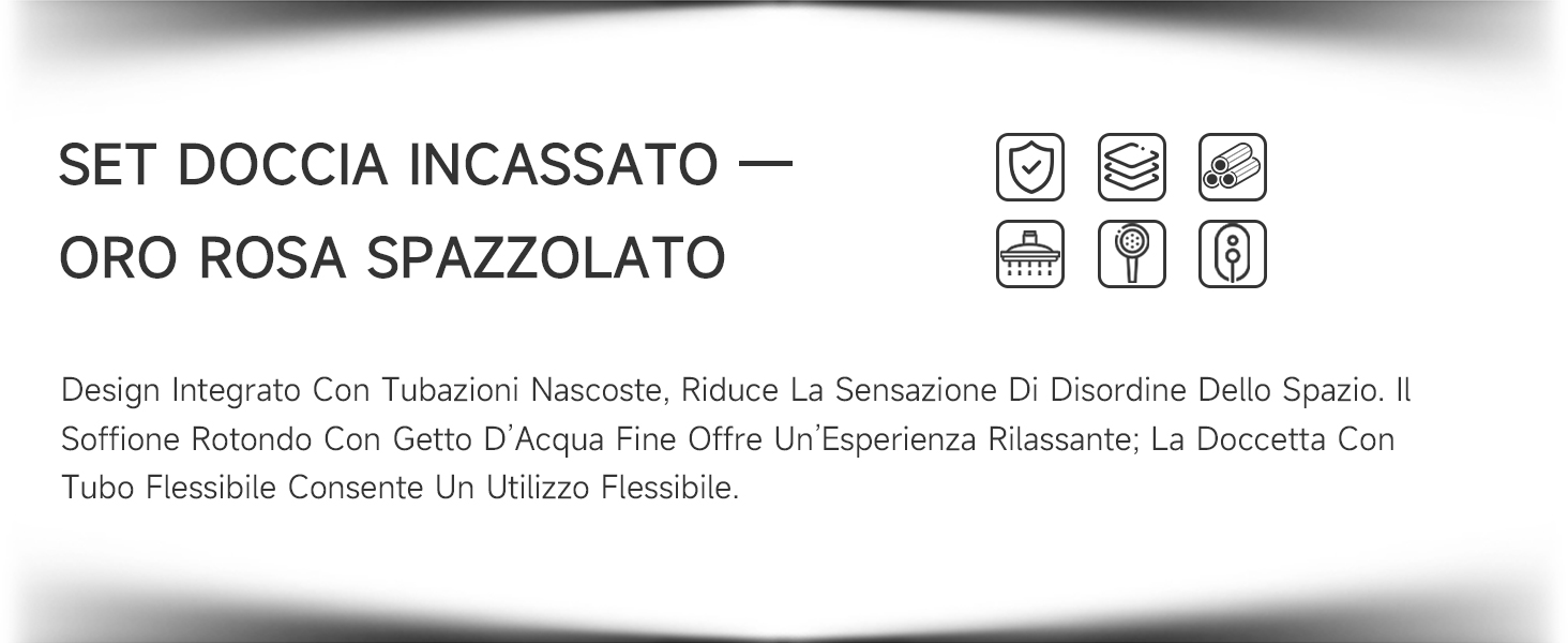 Il testo recita «SET DOCCIA INCASSATO — ORO ROSA SPAZZOLATO» con codici prodotto e istruzioni per la cura. Vengono visualizzate le specifiche e le informazioni sulla compatibilità dei set di sanitari italiani.