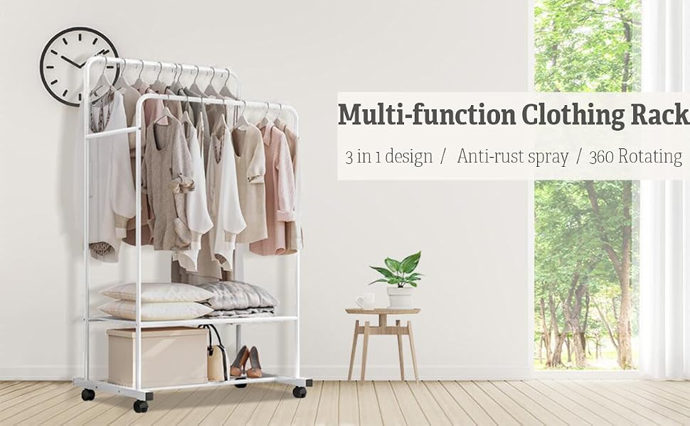 Heavy duty double clothes rack with shelves, Industrial Pipe Style Rolling Garment Rack