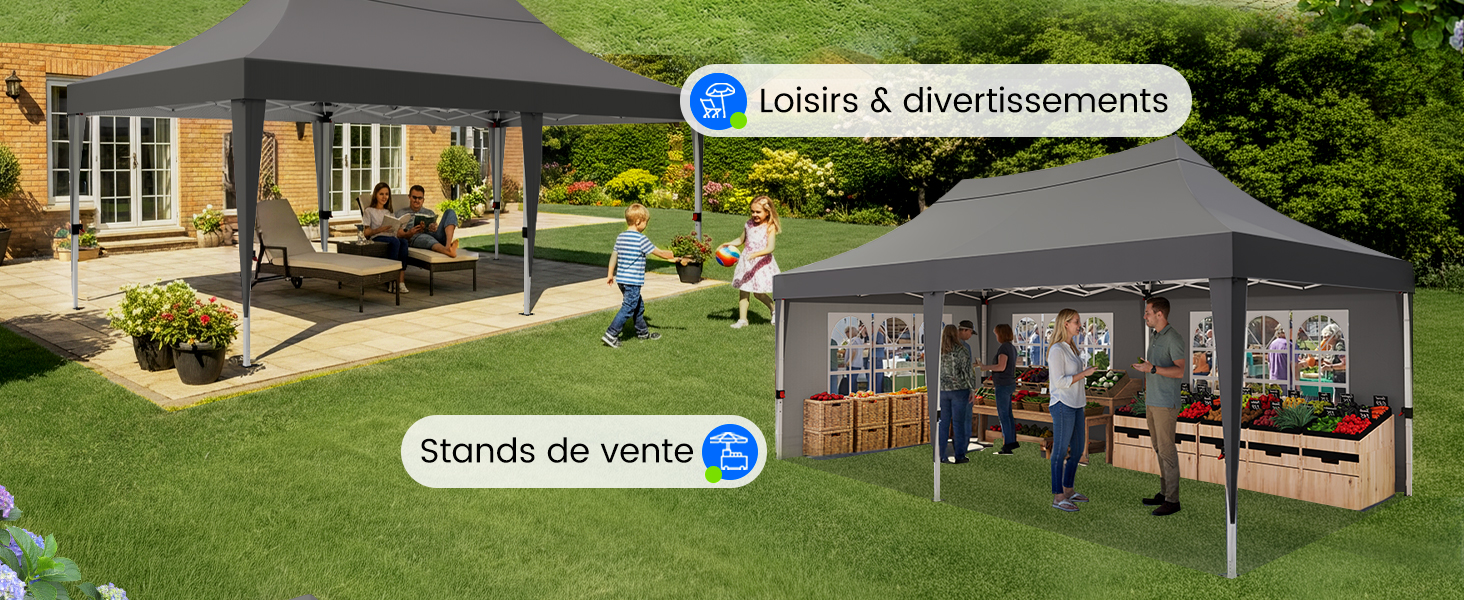 Le texte se lit comme suit : « Loisirs &amp; divertissements » et « Stands de vente ». Espace événementiel extérieur présentant des pavillons et des tentes installés sur l'herbe avec une maison en arrière-plan.