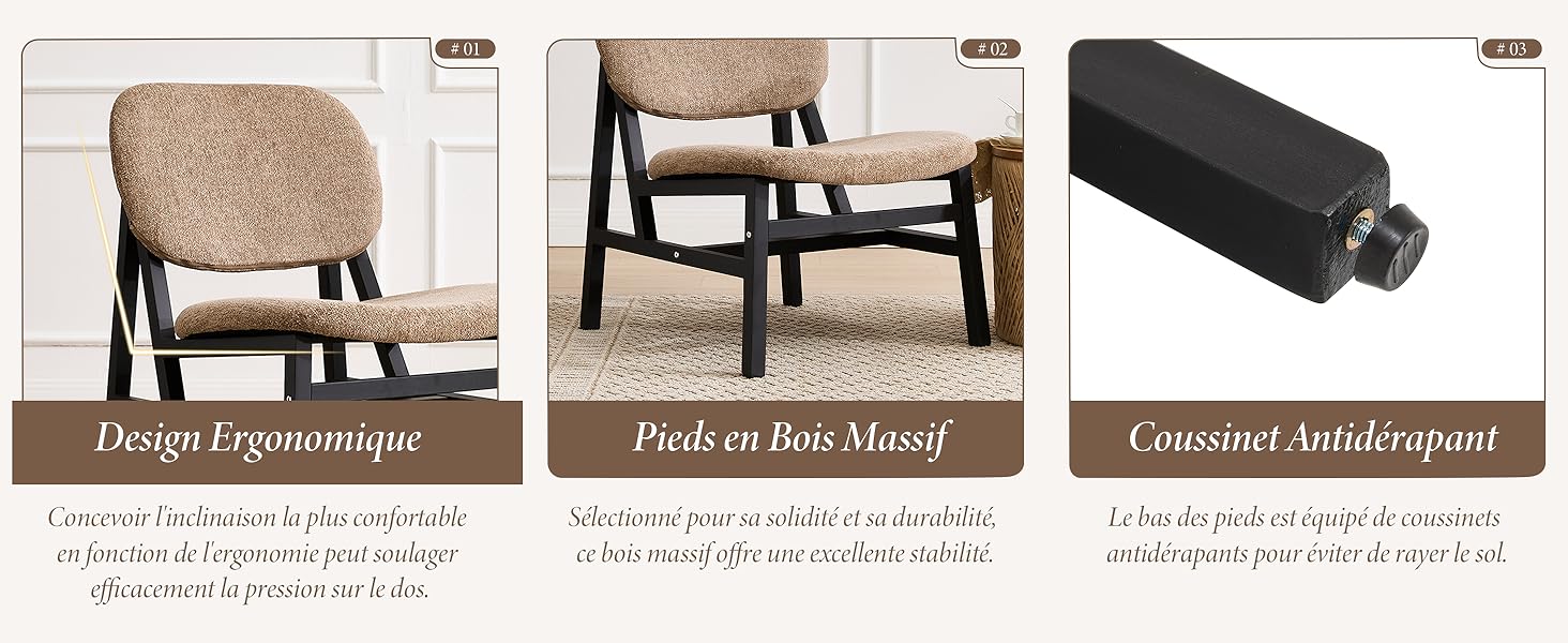 Le texte indique « Design Ergonomique », « Pieds en Bois Massif », « Cousinet Antiadhésif ». Trois images de produits montrant les détails de la chaise avec des descriptions textuelles en français et en arabe.