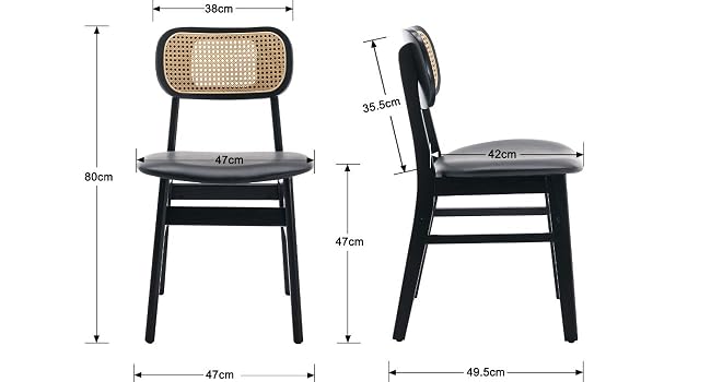 Technical diagram of a dining chair showing front and side views.