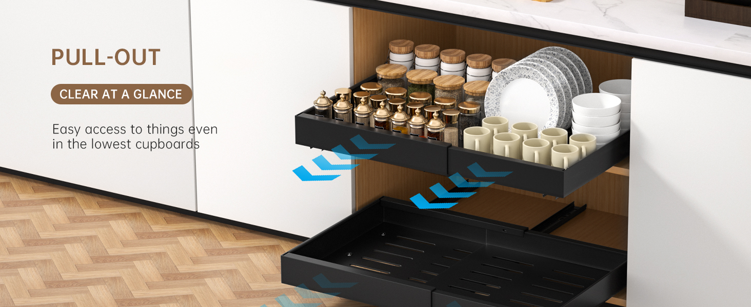 Pull-out cabinet organizer with two sliding shelves. Lower shelf is black, upper shelf holds various containers and jars. Blue arrows indicate sliding motion.