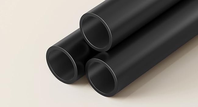 Serie de tubos o rollos cilíndricos negros fotografiados sobre un fondo de color beige claro, que muestran diferentes ángulos y disposiciones del mismo producto.