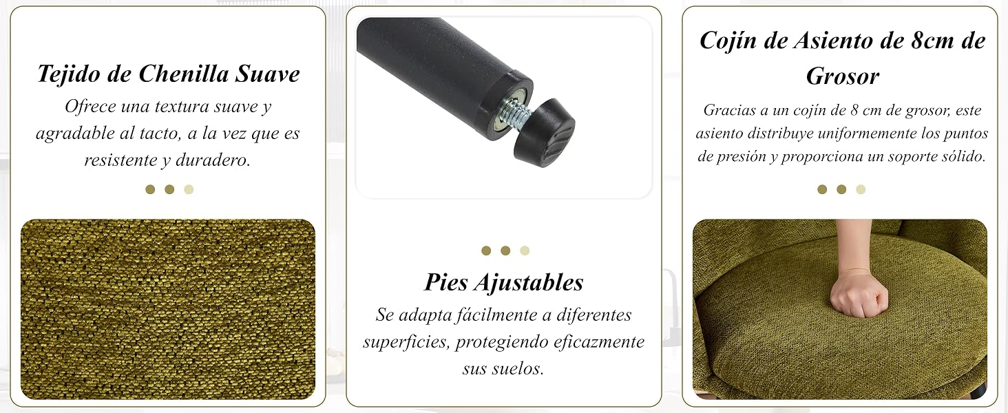 Serie de tarjetas de detalles del producto que muestran varias especificaciones o descripciones en español, con fondos de color tostado o beige.