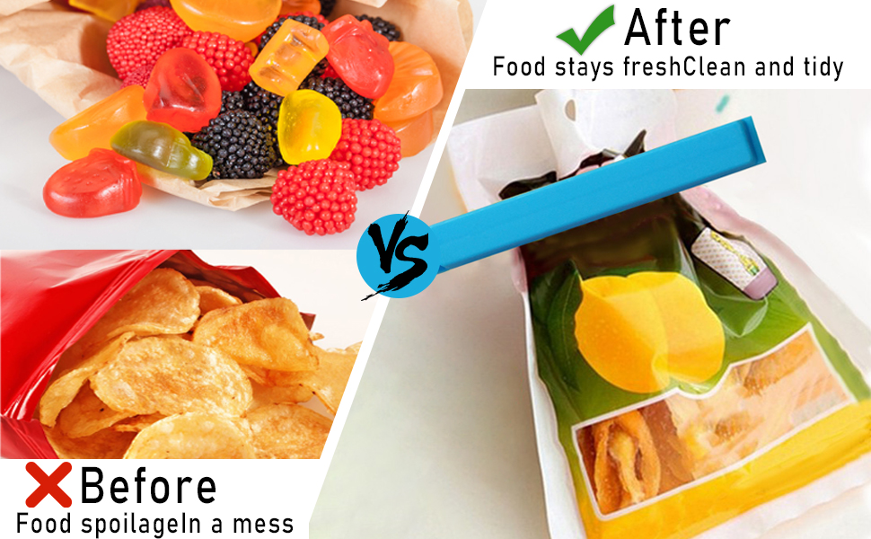 Text reads 'Before: Food spoilagein a mess' and 'After: Food stays freshClean and tidy'. Comparison showing loose snacks/fruits versus organized sealed storage.