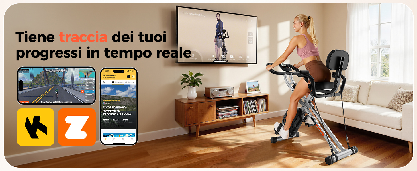 Il testo recita «Tiene traccia dei tuoi progressi in tempo reale». Scene interne della stanza che mostrano scenari di monitoraggio dell'esercizio o della forma fisica con dispositivi mobili.