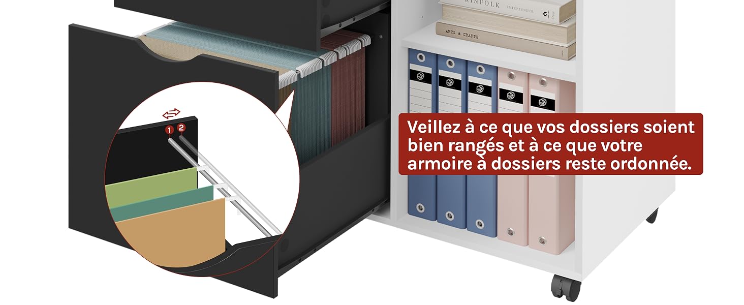 caisson bureau meuble rangement armoire 3 tiroirs 2 compartiments casiers ouverts 5 roulettes