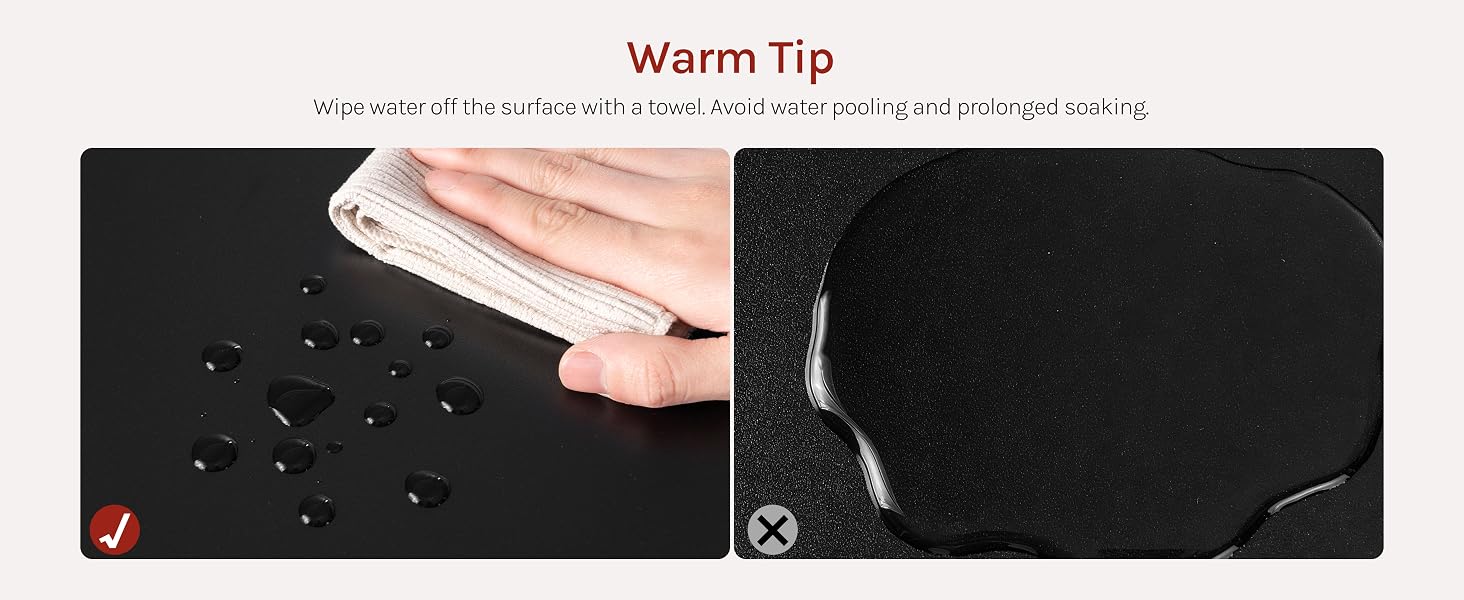 Text reads 'Warm Tip'. Two-panel image showing dark textured surface with hand placement demonstration and close-up detail view.
