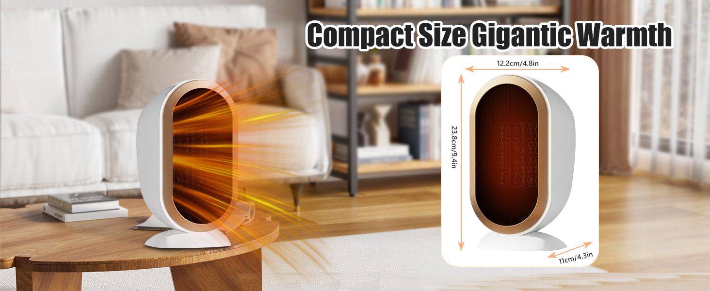Le texte indique « Compact Size Gigantic Warmth ». Carrousel de produits montrant différents angles d'un appareil de chauffage portable compact sur des surfaces en bois à la maison.