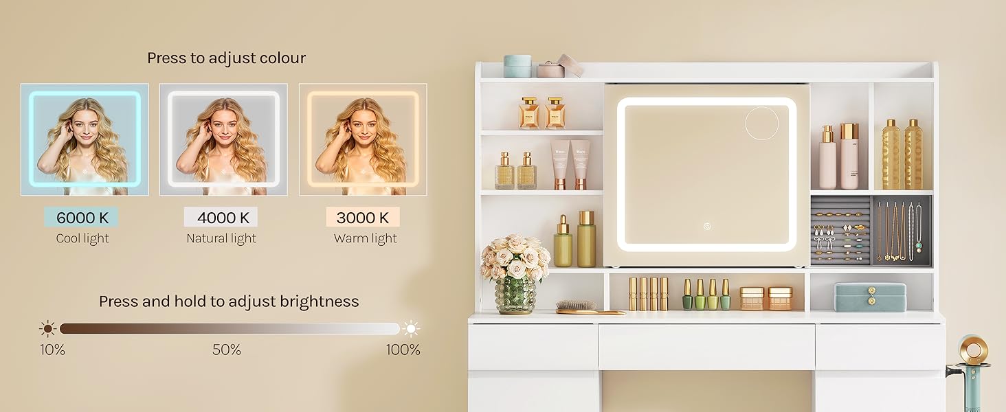 Split image showing photography lighting comparison with three brightness levels (25%, 50%, 75%) and professional vanity setup with mirror and shelving.